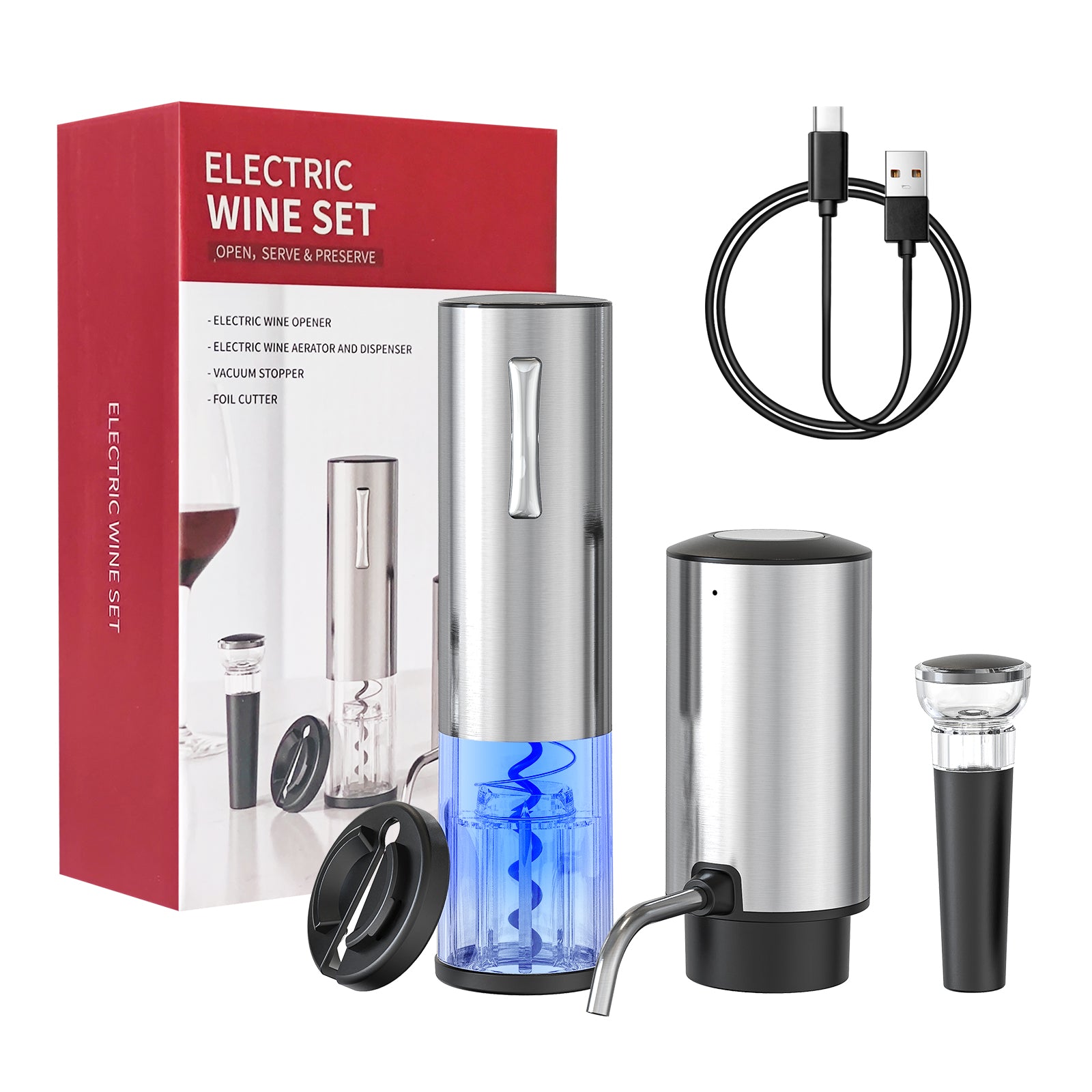 Tire Bouchon Electrique 4 En 1 Coffret Cadeau Avec Ouvre Bouteille Rechargeable,Decanteur Tire Bouchon Electrique 4 En 1 Coffret Cadeau Avec Ouvre Bouteille Rechargeable,Decanteur