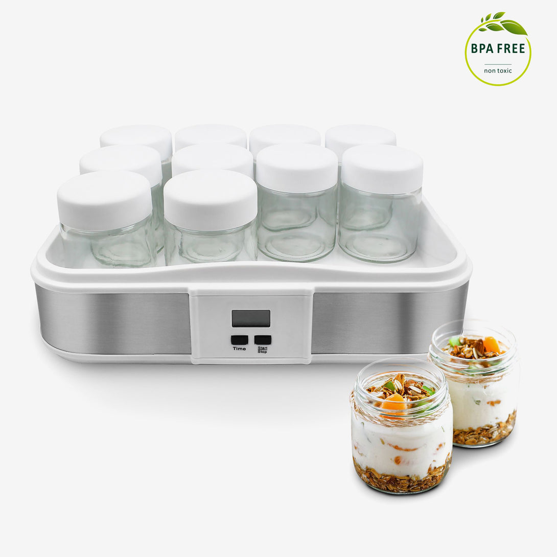 Leogreen-Yogurt-Maker-Machine-for-Natural-Yogurt-12-pots-with-timer-30-6-x-25-x-12-4-cm-White-Capacity-per-pot-0-21-L-Timer-setting-0-15-hours