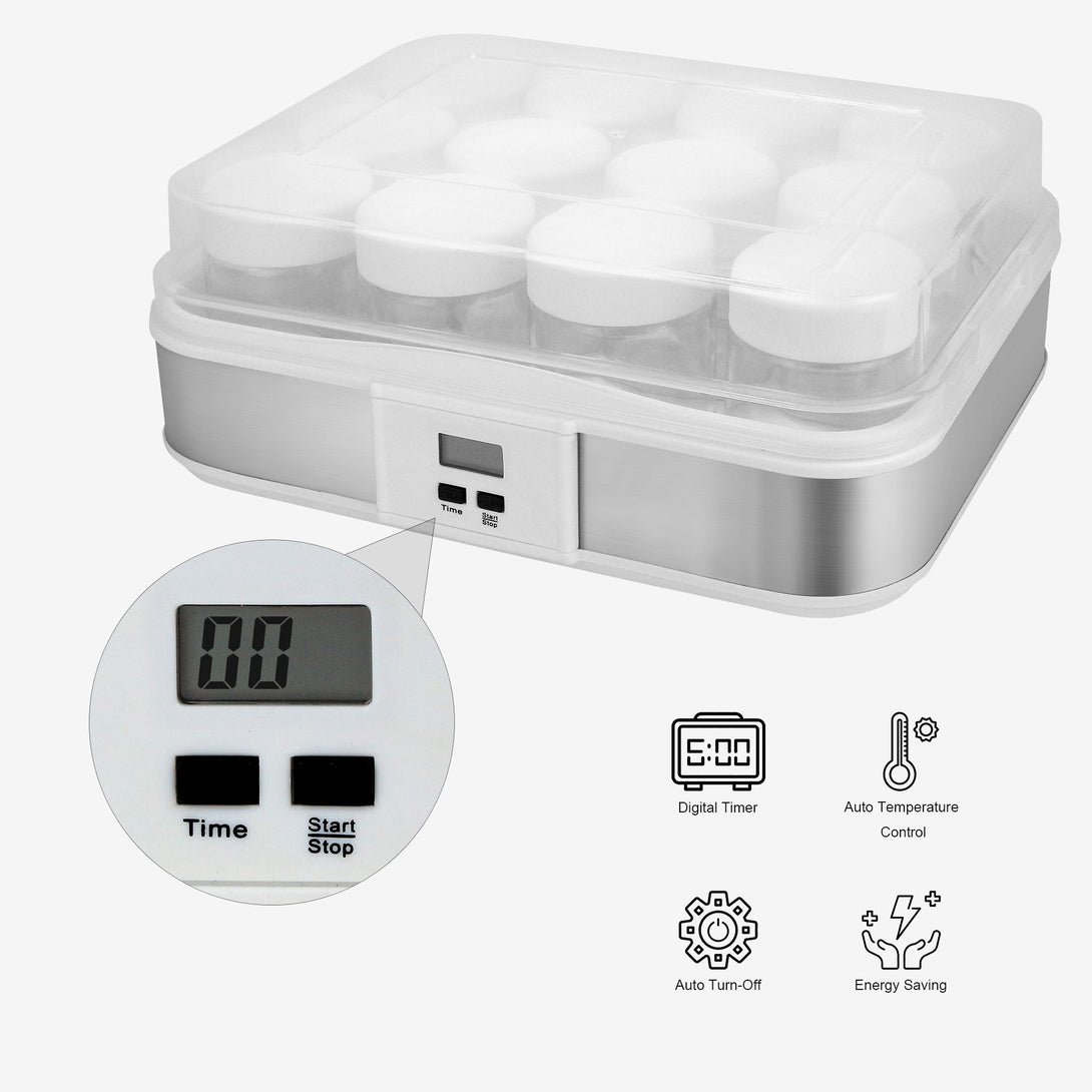 Leogreen-Yogurt-Maker-Machine-for-Natural-Yogurt-12-pots-with-timer-30-6-x-25-x-12-4-cm-White-Capacity-per-pot-0-21-L-Timer-setting-0-15-hours
