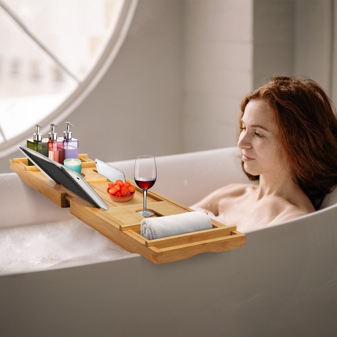 Todeco-Bathtub-Tray-Wooden-Bathtub-Shelf-Material-Bamboo-Dimensions-109-x-23-x-3-8-cm-with-2-Removable-Supports-and-Soap-Dish-Black-Fabric