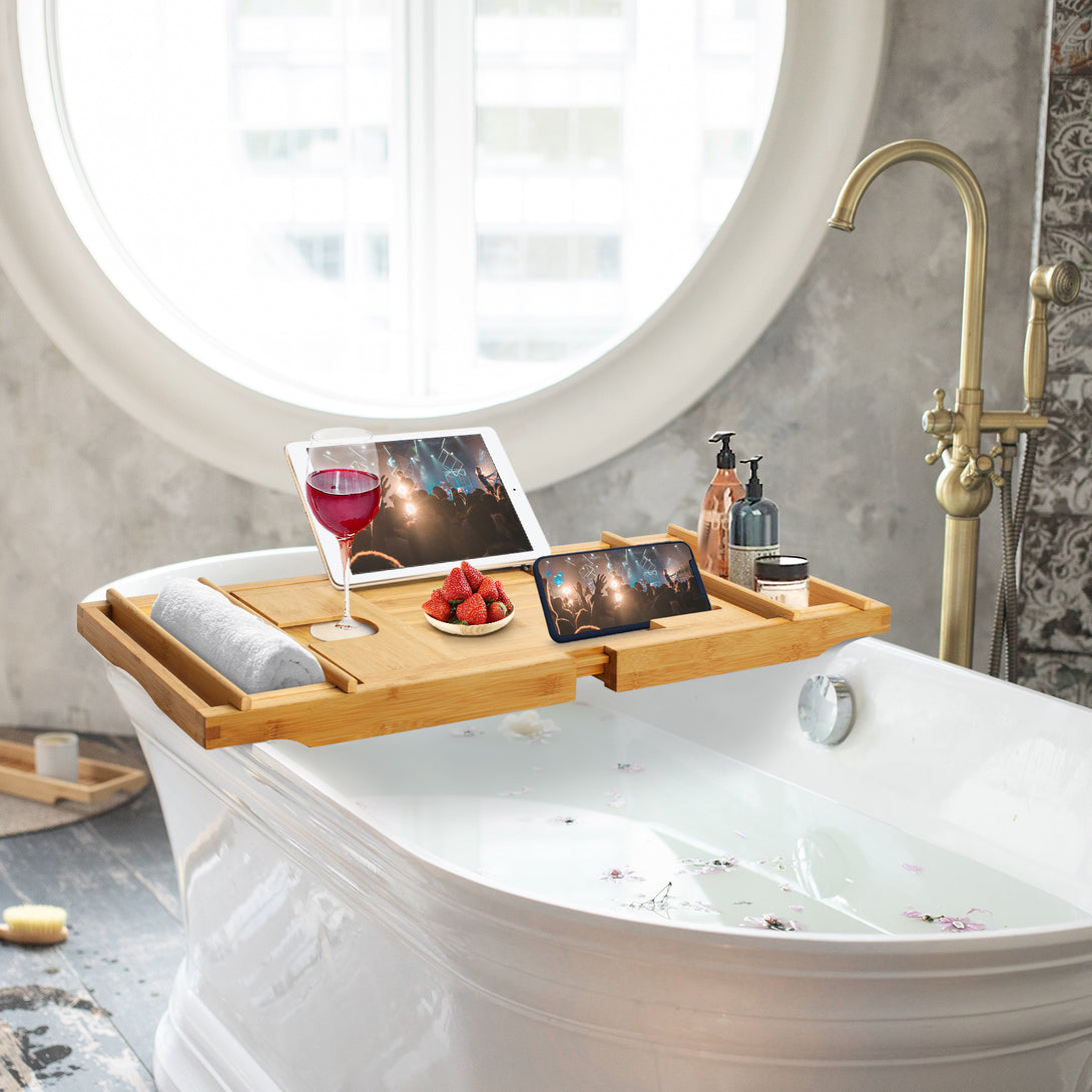 Todeco-Bathtub-Tray-Wooden-Bathtub-Shelf-Material-Bamboo-Dimensions-109-x-23-x-3-8-cm-with-2-Removable-Supports-and-Soap-Dish-Black-Fabric