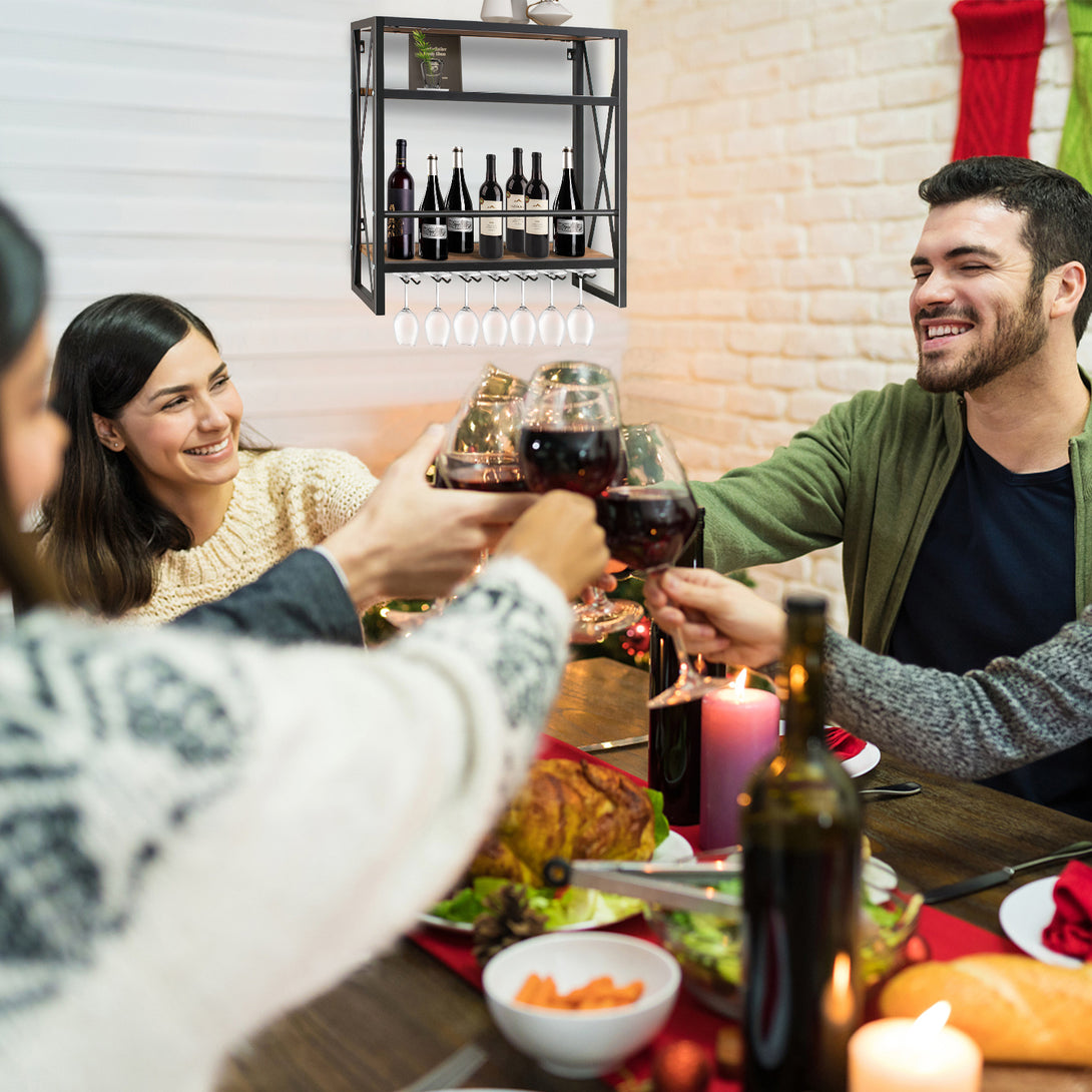 Todeco-Wall-Bottle-Shelf-with-Glass-Rack-Wooden-Metal-Wine-Bottle-Rack-in-3-Tiers-for-12-Wine-Bottles-Rack-Storage-Wine-Bottle-Holder-Suitable-for-Kitchen-60-20-62cm-Wall-Bottle-Shelf