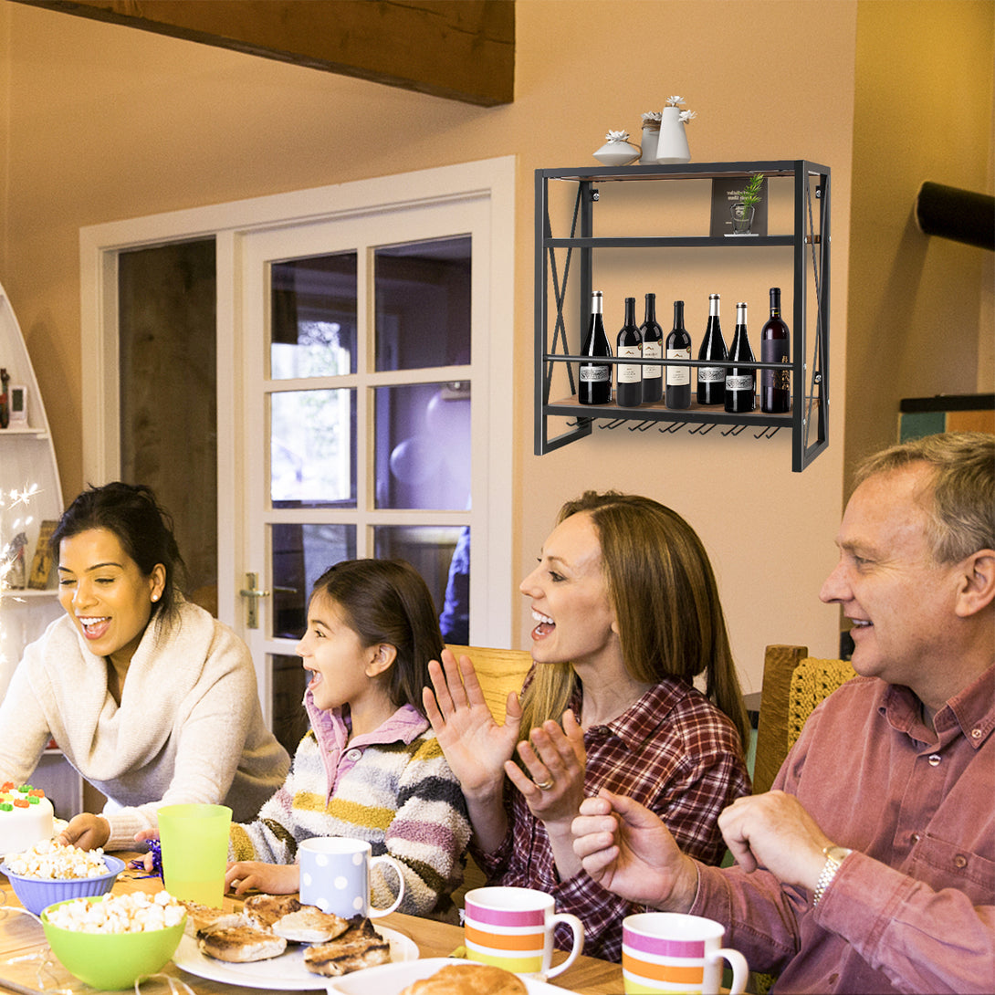 Todeco-Wall-Bottle-Shelf-with-Glass-Rack-Wooden-Metal-Wine-Bottle-Rack-in-3-Tiers-for-12-Wine-Bottles-Rack-Storage-Wine-Bottle-Holder-Suitable-for-Kitchen-60-20-62cm-Wall-Bottle-Shelf