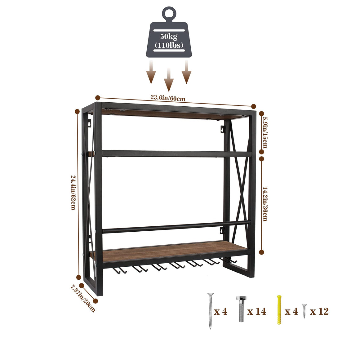 Todeco-Wall-Bottle-Shelf-with-Glass-Rack-Wooden-Metal-Wine-Bottle-Rack-in-3-Tiers-for-12-Wine-Bottles-Rack-Storage-Wine-Bottle-Holder-Suitable-for-Kitchen-60-20-62cm-Wall-Bottle-Shelf
