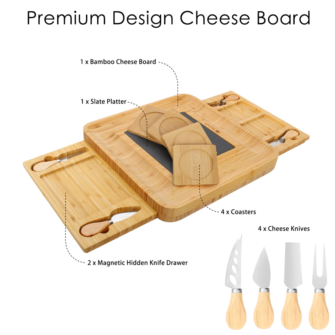 Todeco-Bamboo-Cheese-Board-Set-Cheese-Board-with-Knife-and-Fork-Set-and-Sliding-Drawer-1-Slate-and-4-Coasters-Charcuterie-Board-for-Cheese-Meat-Bamboo-Cheese-Board-Set