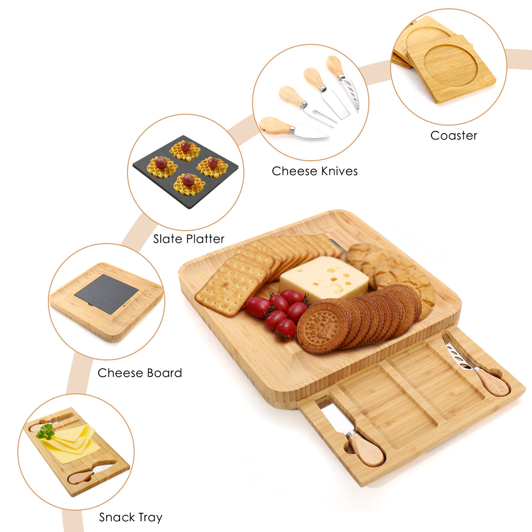 Todeco-Bamboo-Cheese-Board-Set-Cheese-Board-with-Knife-and-Fork-Set-and-Sliding-Drawer-1-Slate-and-4-Coasters-Charcuterie-Board-for-Cheese-Meat-Bamboo-Cheese-Board-Set