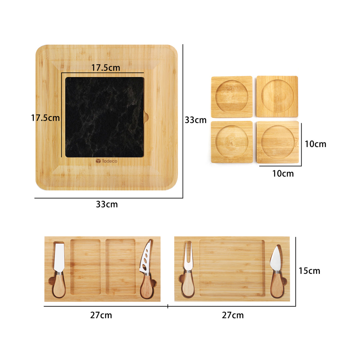 Todeco-Bamboo-Cheese-Board-Set-Cheese-Board-with-Knife-and-Fork-Set-and-Sliding-Drawer-1-Slate-and-4-Coasters-Charcuterie-Board-for-Cheese-Meat-Bamboo-Cheese-Board-Set
