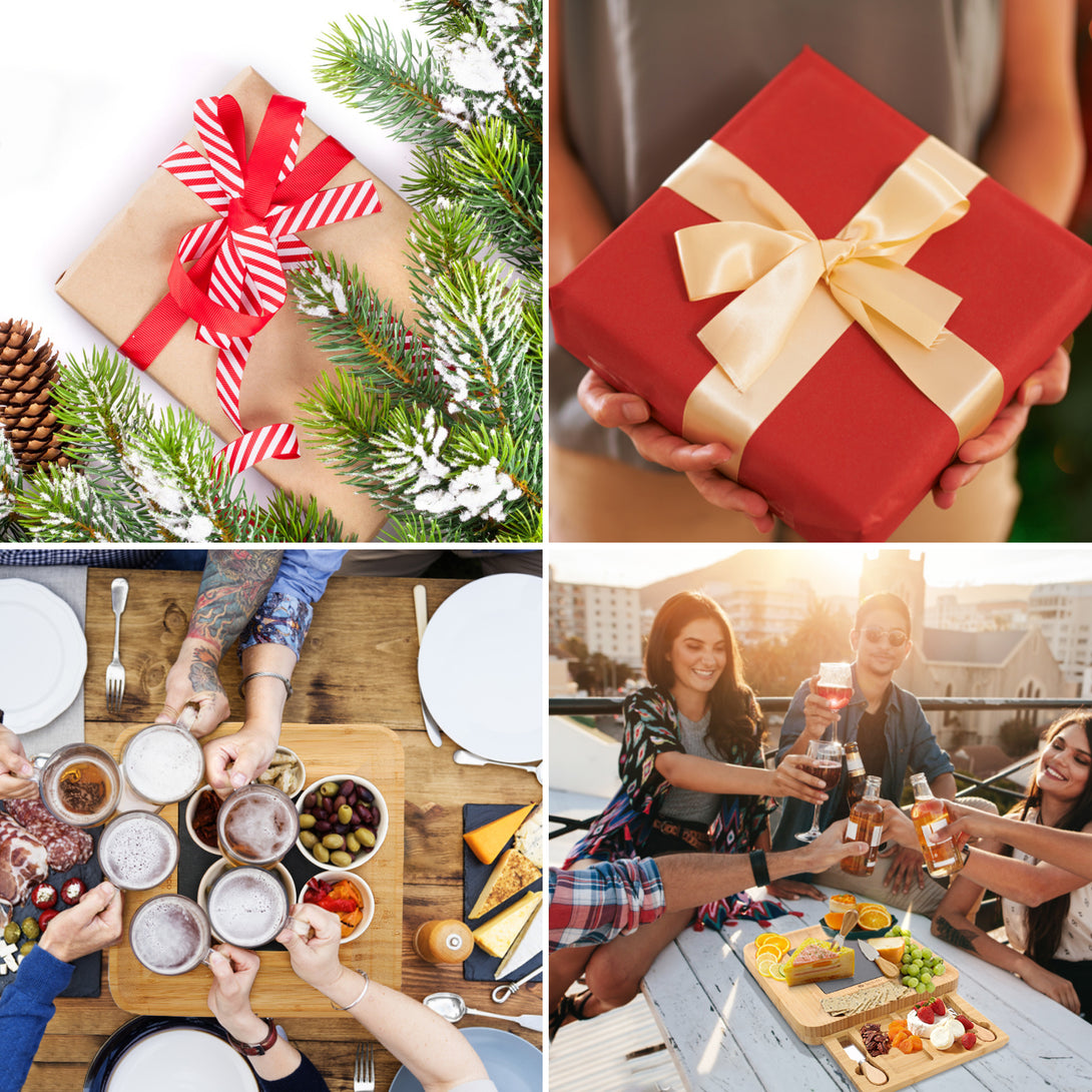 Todeco-Bamboo-Cheese-Board-Set-Cheese-Board-with-Knife-and-Fork-Set-and-Sliding-Drawer-1-Slate-and-4-Coasters-Charcuterie-Board-for-Cheese-Meat-Bamboo-Cheese-Board-Set