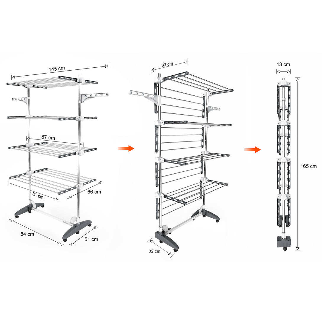 Todeco-Clothes-Drying-Rack-Laundry-Drying-Rack-Material-Stainless-steel-tubes-Maximum-load-2-72-kg-per-support-bar-4-shelves-White-with-wings