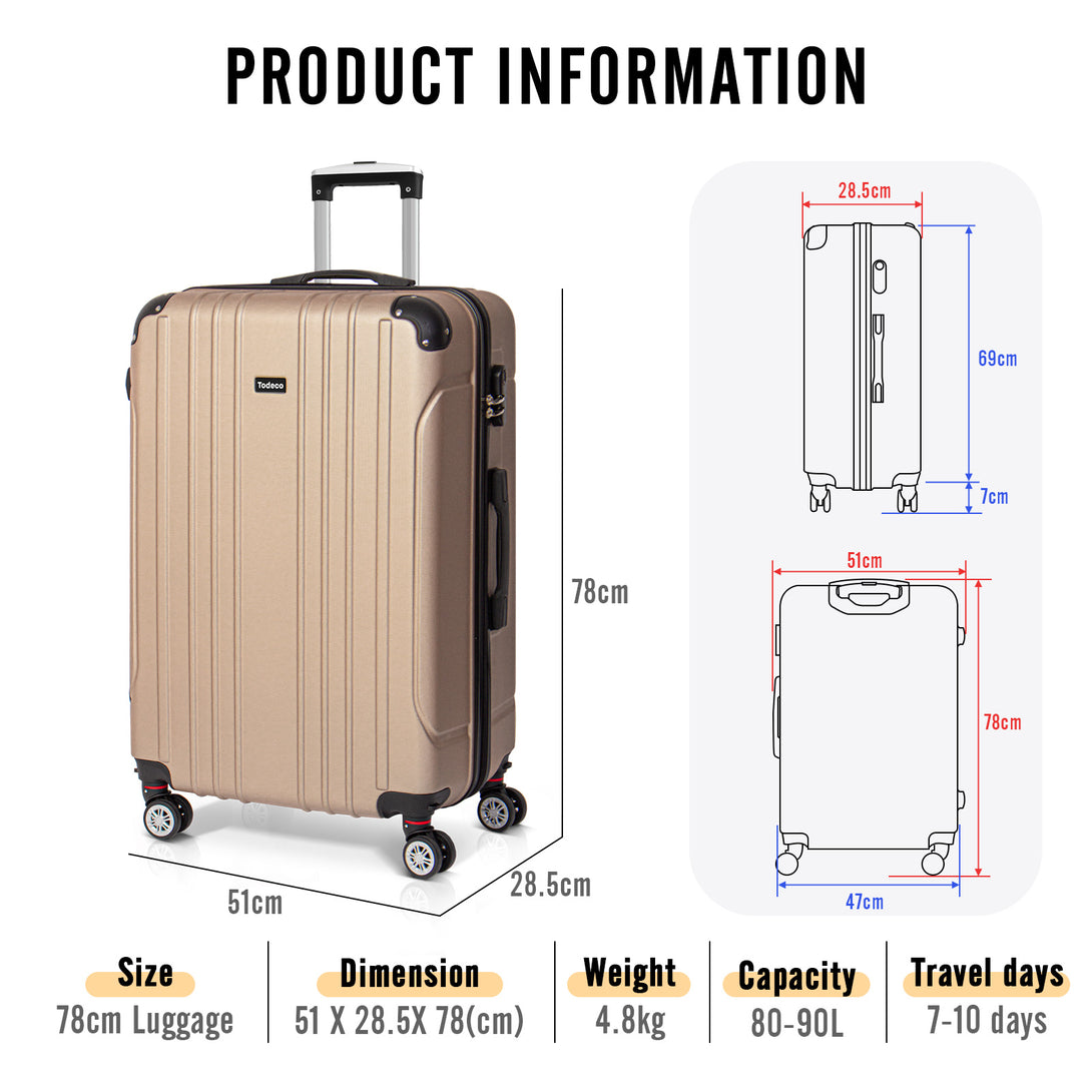 Todeco-Large-Size-Suitcase-78cm-Travel-Suitcase-Rigid-and-Lightweight-ABS-Travel-Suitcase-on-Wheels-Suitcases-4-Double-Wheels-78x51x28cm-Champagne-Large-Size-Suitcase-78cm-Champagne
