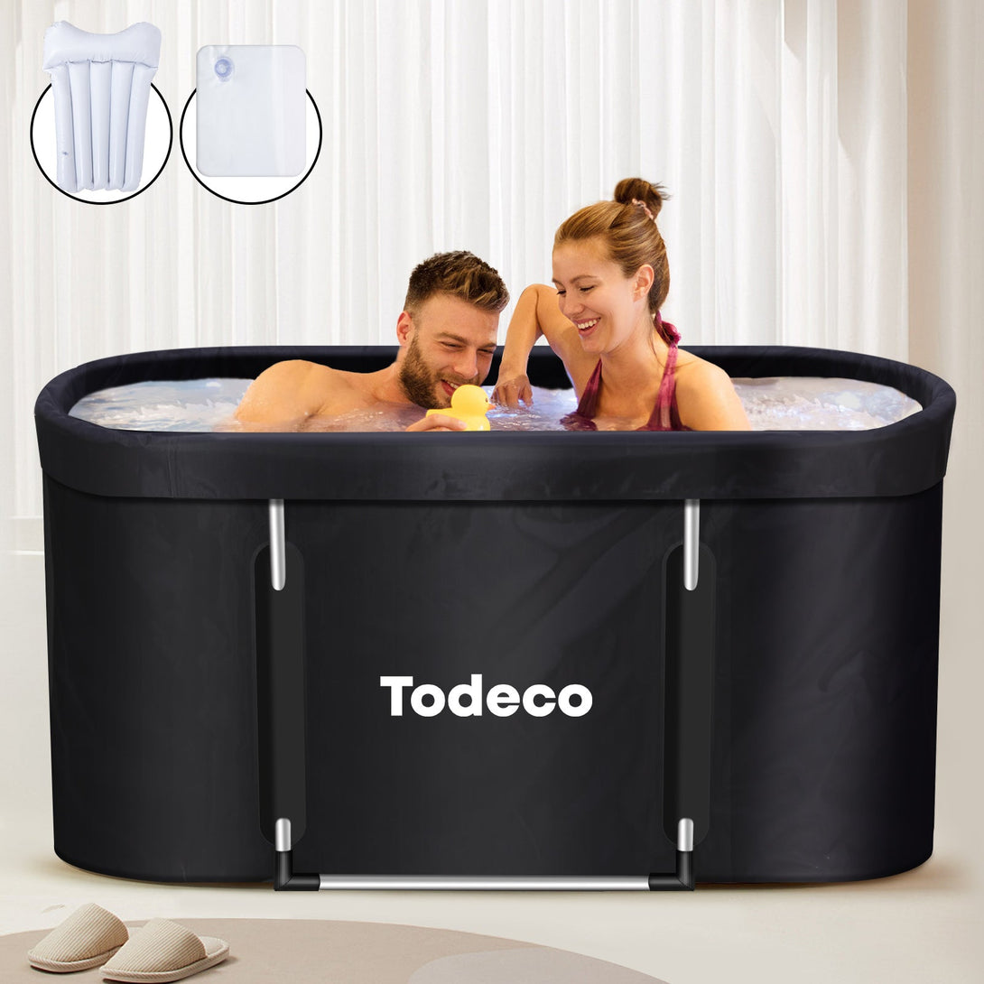 Todeco Foldable Adult Bathtub, Large Portable Mobile Bathtub for Shower and SPA, for Small Bathrooms, Reinforced Freestanding Soaking Tub for Hot or Ice Baths, 120x55x50cm (Black)