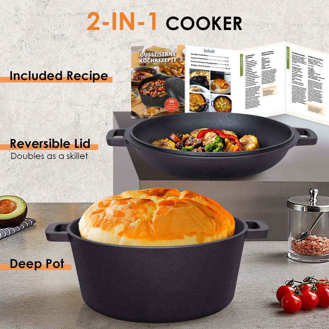 2-in-1-Cast-Iron-Pot-with-Pan-Lid-5L-Dual-Function-Cast-Iron-Saucepan-Frying-Pan-Pre-Seasoned-Dutch-Oven-with-Recipe-for-Cooking-Camping-BBQ-Roasting-or-Braising-2-in-1-Cast-Iron-Pot-with-Pan-Lid
