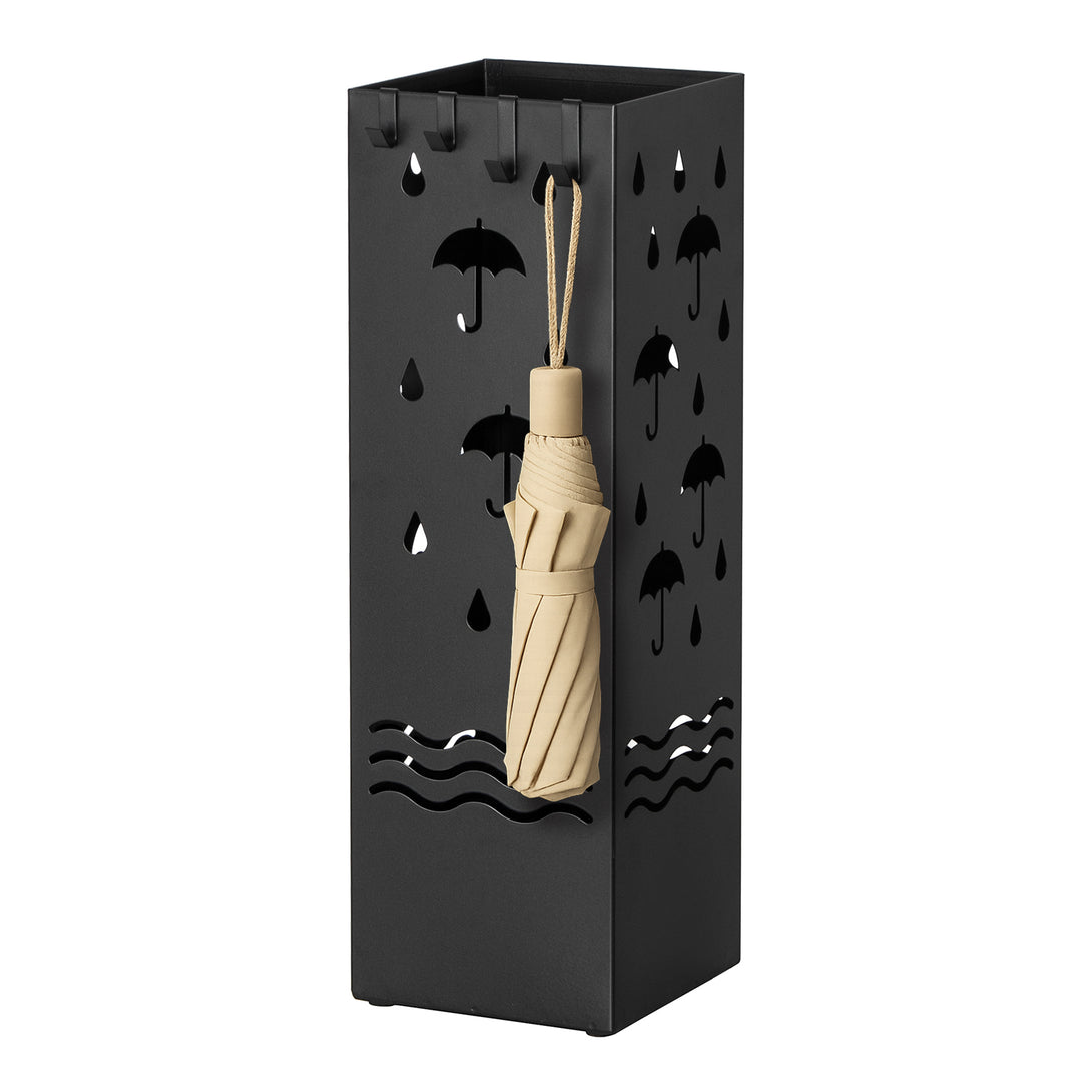 Todeco Metal Umbrella Stand, Umbrella Holder with 4 Hooks and Removable Drip Tray, Decorative Cutout Patterns, Non-Slip Base, for Home Entrance, Office, Hotel, Black