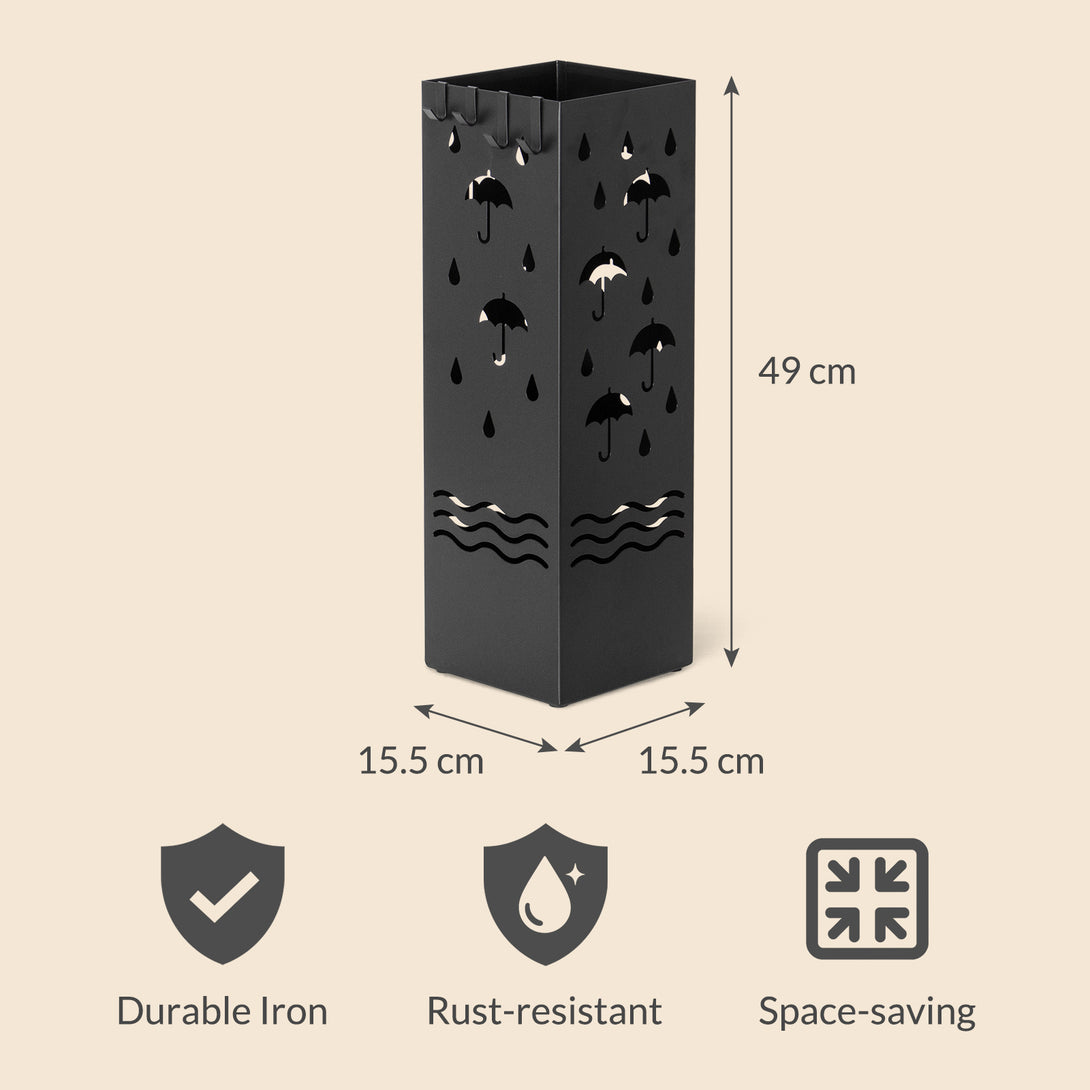 Todeco Metal Umbrella Stand, Umbrella Holder with 4 Hooks and Removable Drip Tray, Decorative Cutout Patterns, Non-Slip Base, for Home Entrance, Office, Hotel, Black