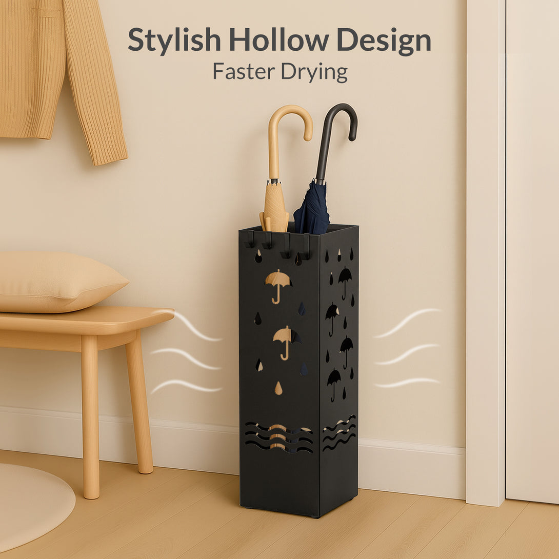 Todeco Metal Umbrella Stand, Umbrella Holder with 4 Hooks and Removable Drip Tray, Decorative Cutout Patterns, Non-Slip Base, for Home Entrance, Office, Hotel, Black