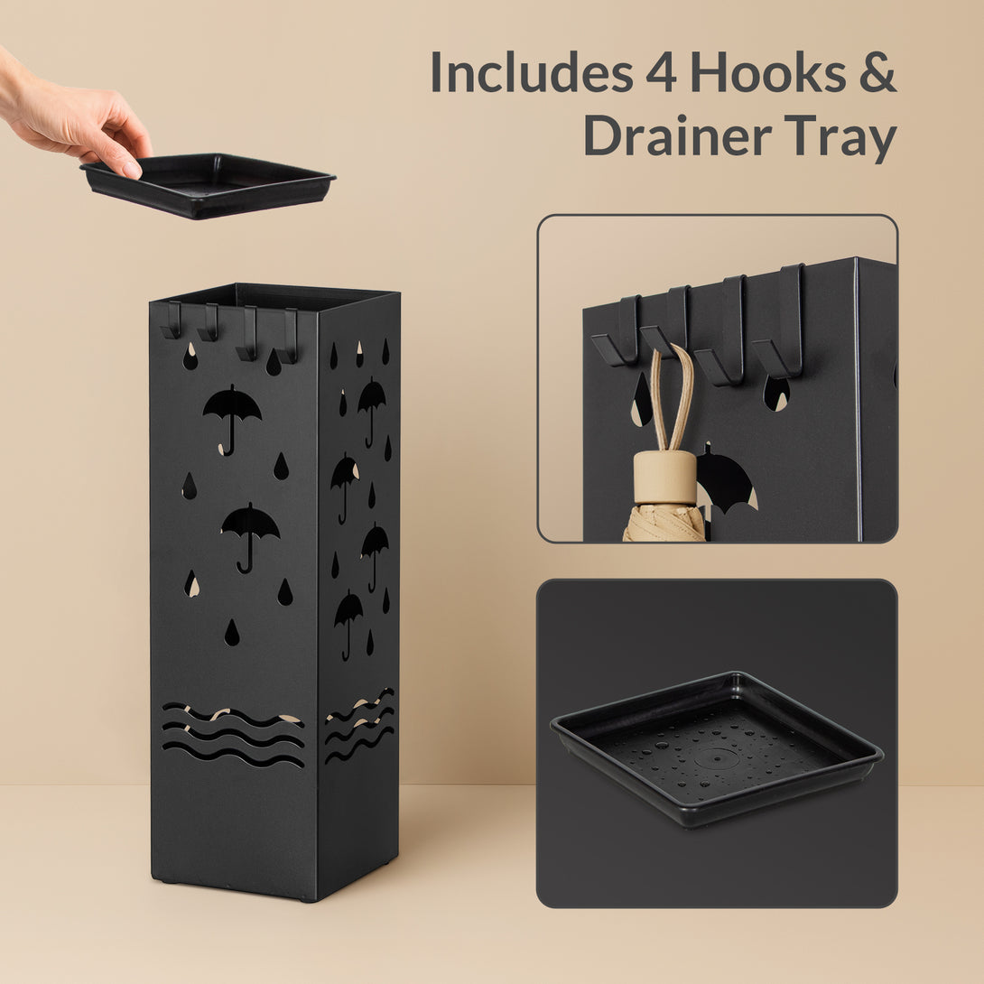 Todeco Metal Umbrella Stand, Umbrella Holder with 4 Hooks and Removable Drip Tray, Decorative Cutout Patterns, Non-Slip Base, for Home Entrance, Office, Hotel, Black