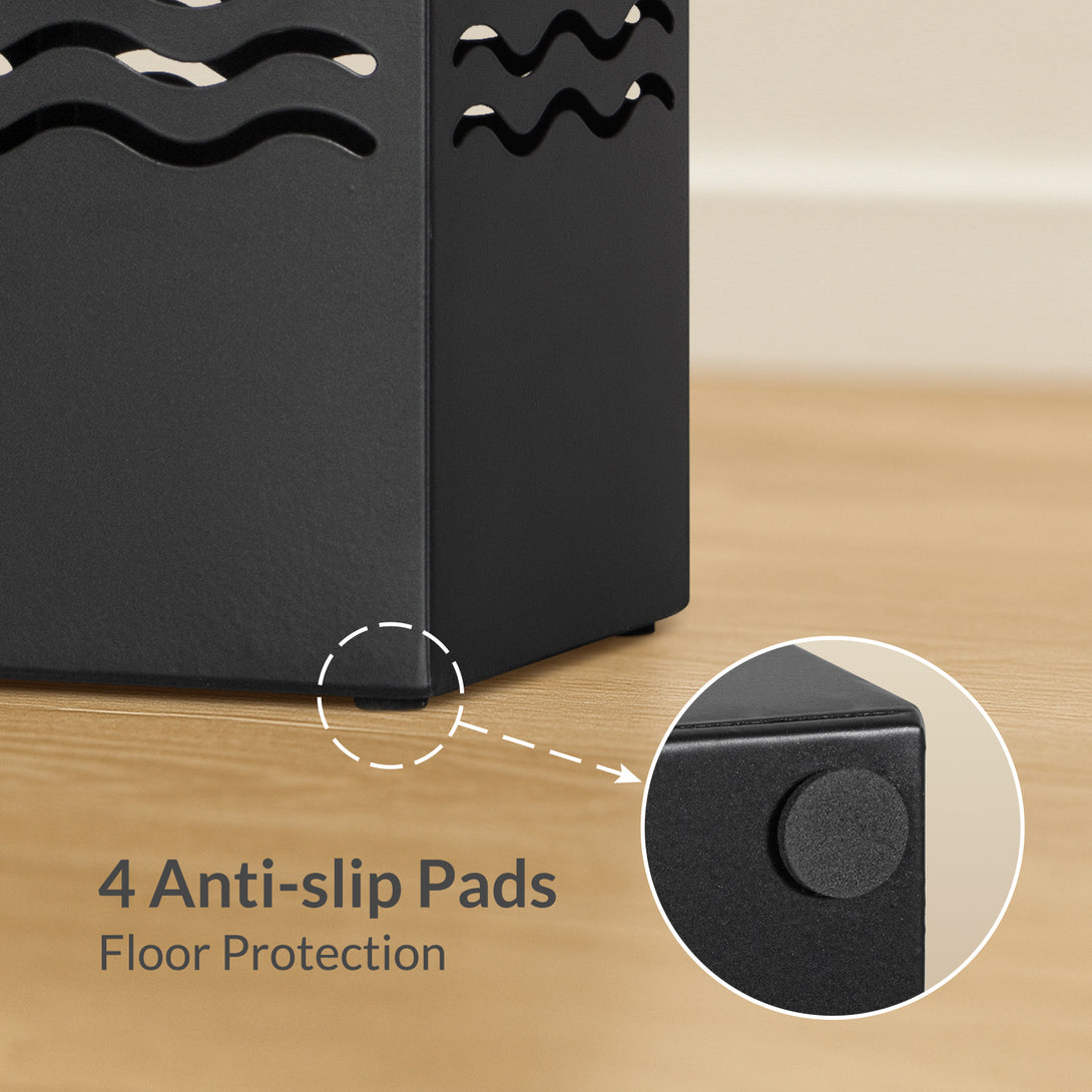 Todeco Metal Umbrella Stand, Umbrella Holder with 4 Hooks and Removable Drip Tray, Decorative Cutout Patterns, Non-Slip Base, for Home Entrance, Office, Hotel, Black