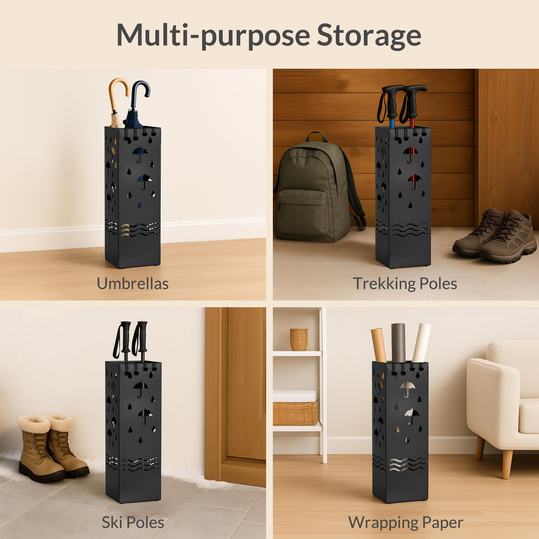 Todeco Metal Umbrella Stand, Umbrella Holder with 4 Hooks and Removable Drip Tray, Decorative Cutout Patterns, Non-Slip Base, for Home Entrance, Office, Hotel, Black