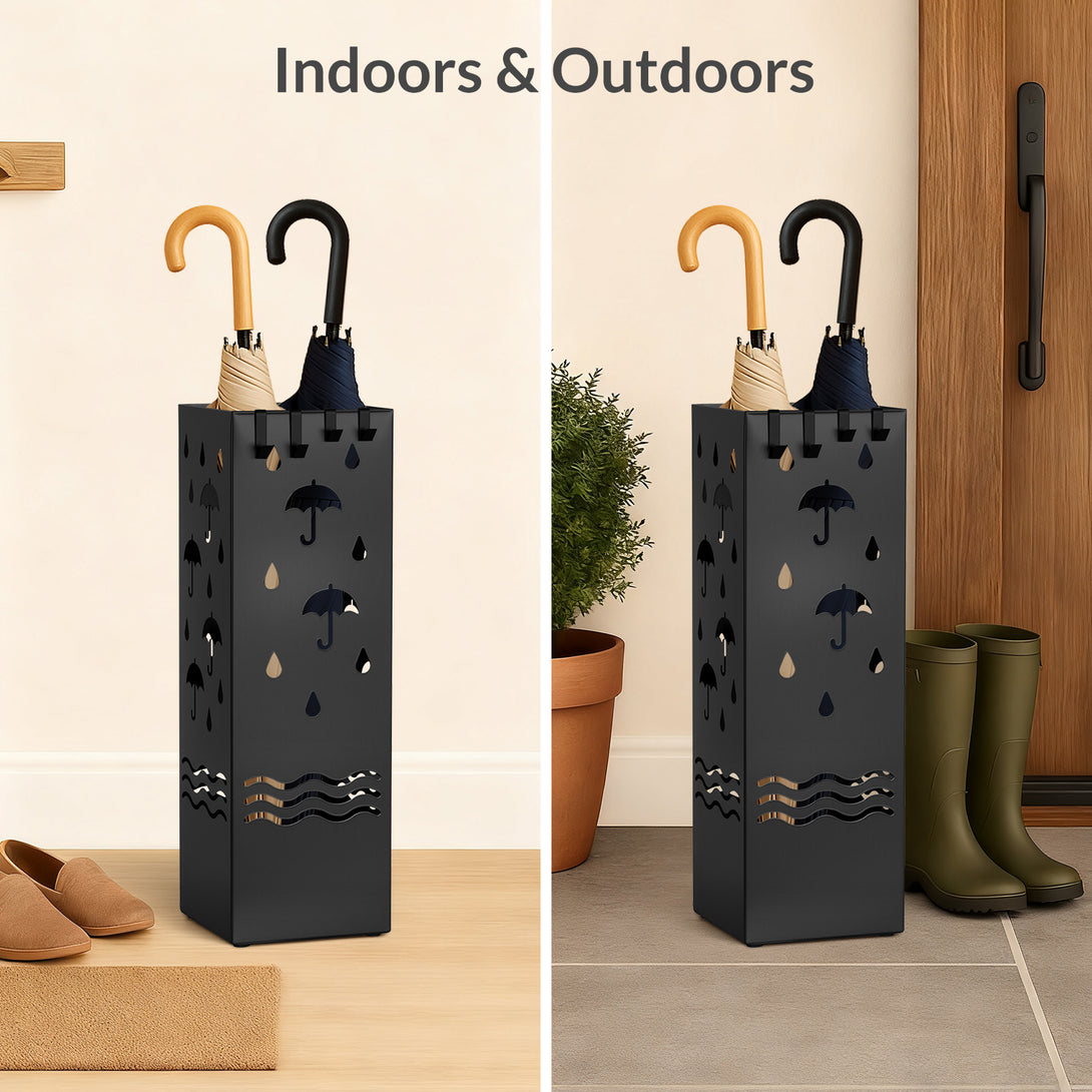 Todeco Metal Umbrella Stand, Umbrella Holder with 4 Hooks and Removable Drip Tray, Decorative Cutout Patterns, Non-Slip Base, for Home Entrance, Office, Hotel, Black