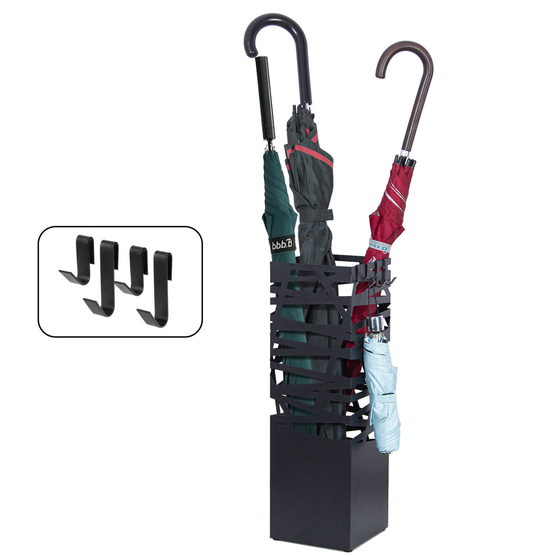 Square-Metal-Umbrella-Stand-Umbrella-Stand-with-4-Hooks-and-Removable-Drip-Tray-Openwork-Patterns-for-Entrance-Home-Office-Black-Square-Metal-Umbrella-Stand