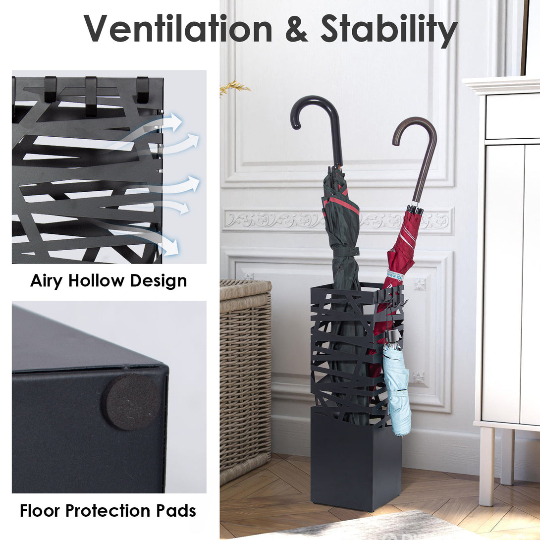 Square-Metal-Umbrella-Stand-Umbrella-Stand-with-4-Hooks-and-Removable-Drip-Tray-Openwork-Patterns-for-Entrance-Home-Office-Black-Square-Metal-Umbrella-Stand