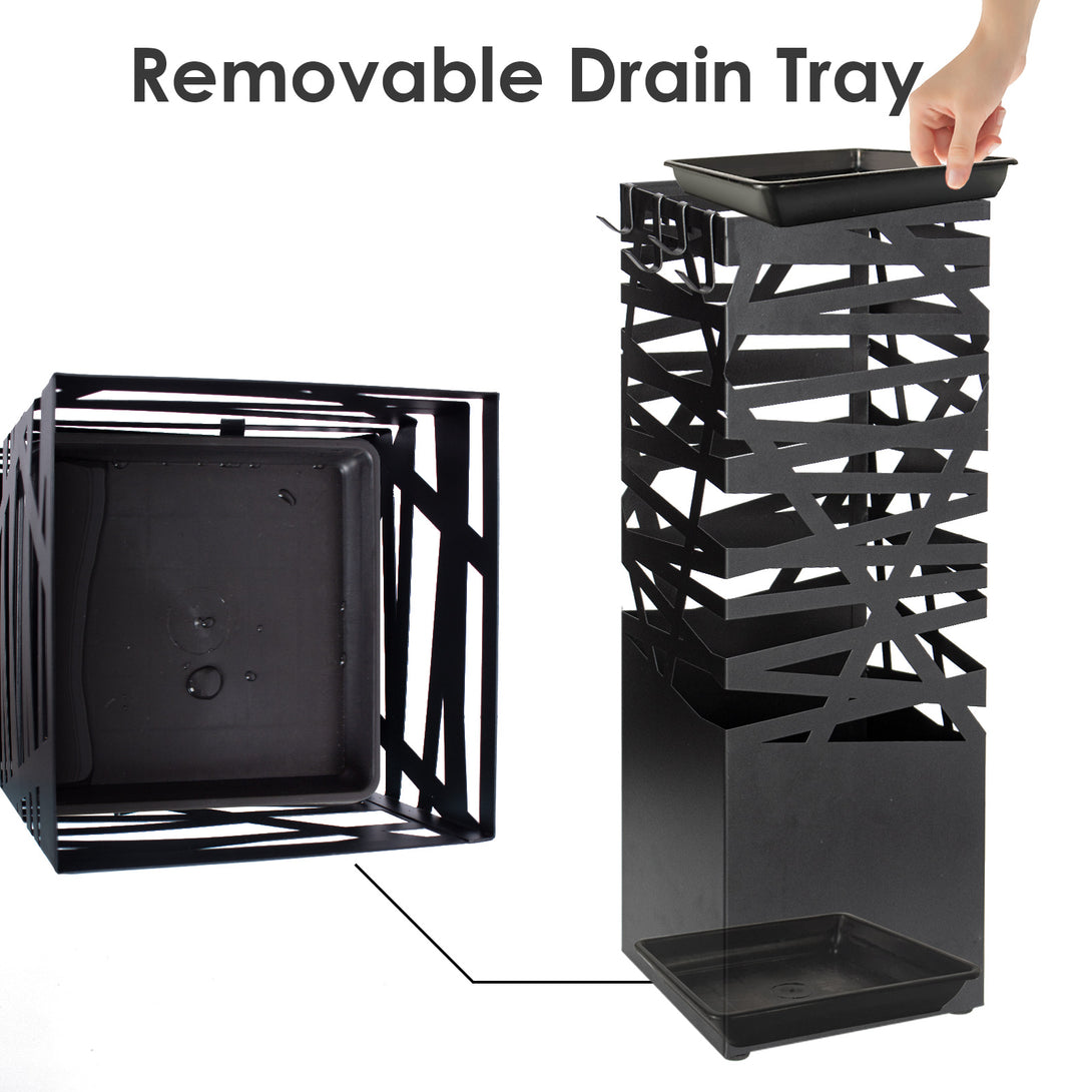 Square-Metal-Umbrella-Stand-Umbrella-Stand-with-4-Hooks-and-Removable-Drip-Tray-Openwork-Patterns-for-Entrance-Home-Office-Black-Square-Metal-Umbrella-Stand