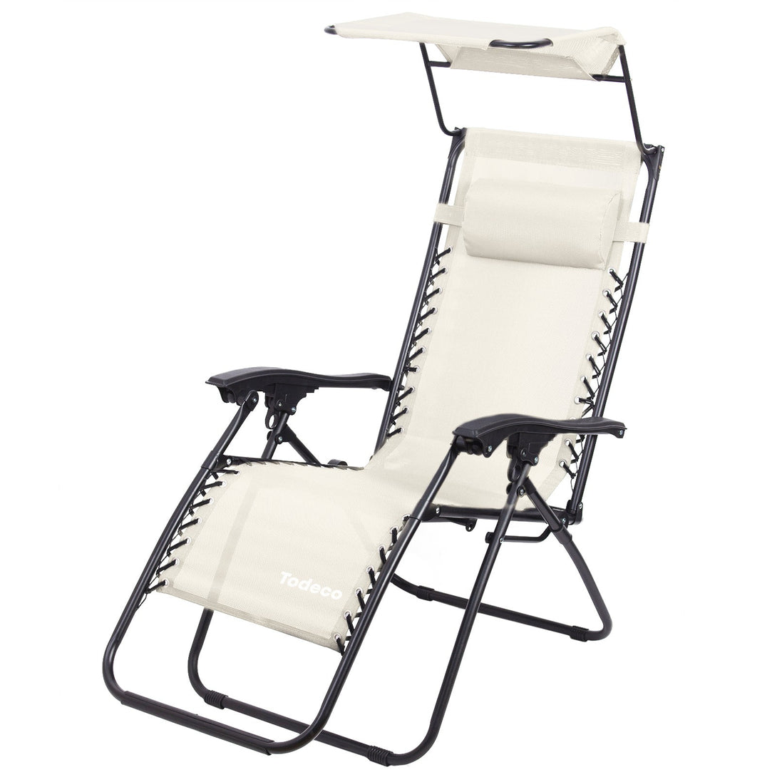 Todeco Outdoor Sun Lounger Chair, Foldable Beach Lounger with Sunshade, Sunbed with Headrest, Adjustable Armrests, Breathable Textilene Fabric, Light Beige
