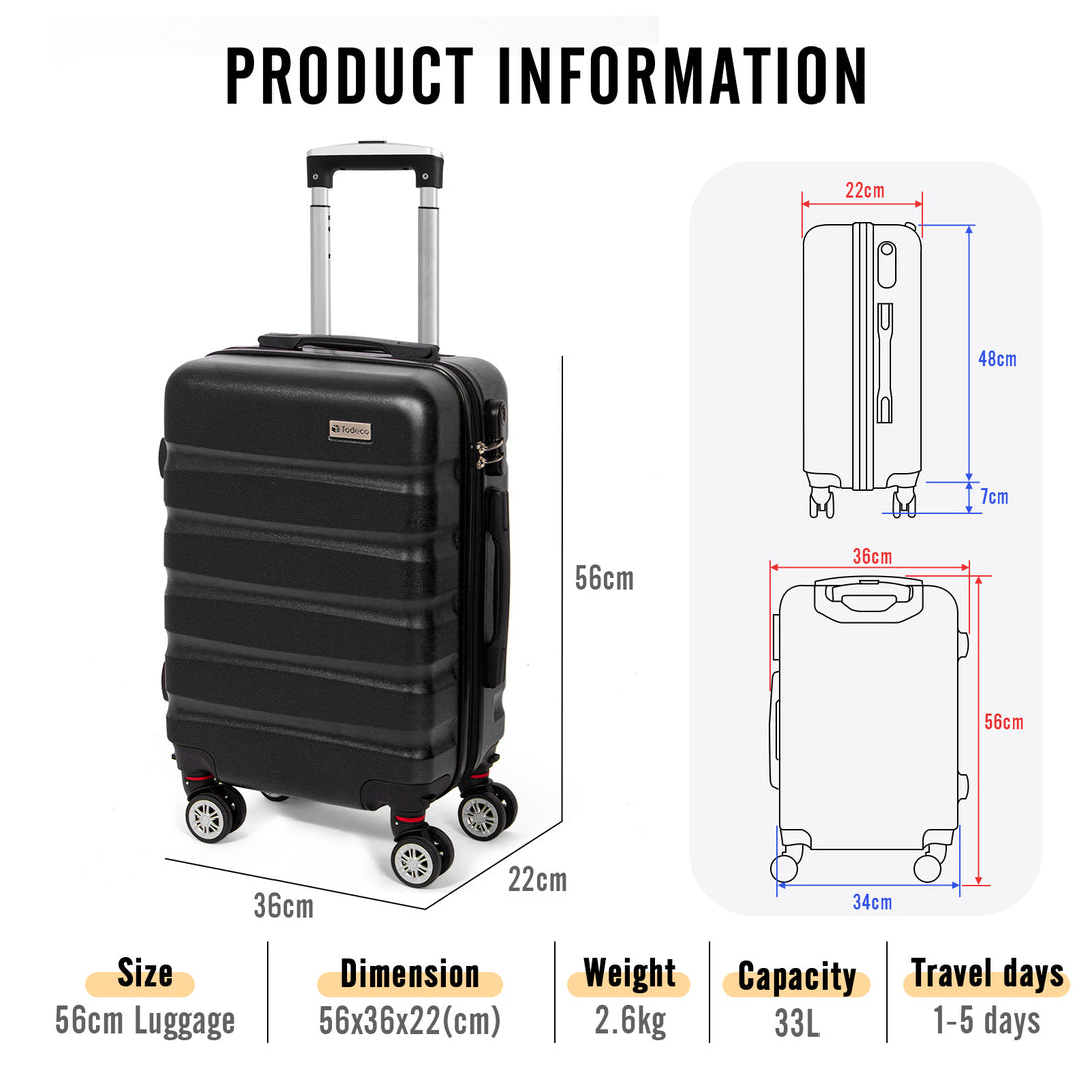 Todeco-Cabin-Suitcase-56cm-Rigid-and-Lightweight-ABS-PC-Lightweight-Carry-on-Suitcase-with-Hard-Shell-Travel-Suitcase-with-4-Double-Wheels-56x36x22cm-Black