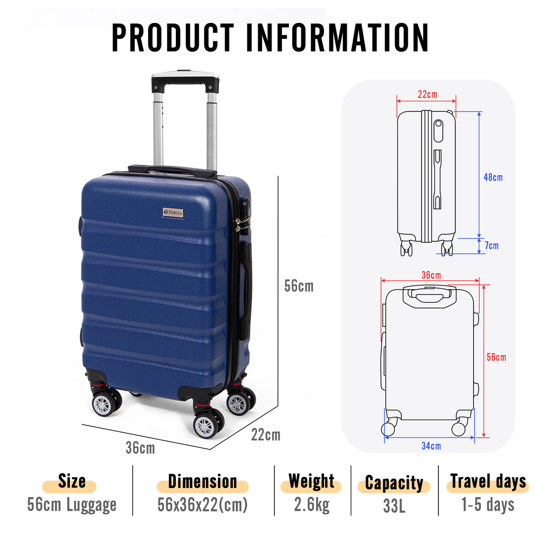 Todeco-Cabin-Suitcase-56cm-Rigid-and-Lightweight-ABS-PC-Lightweight-Carry-on-Suitcase-with-Hard-Shell-Travel-Suitcase-with-4-Double-Wheels-56x36x22cm-Dark-Blue