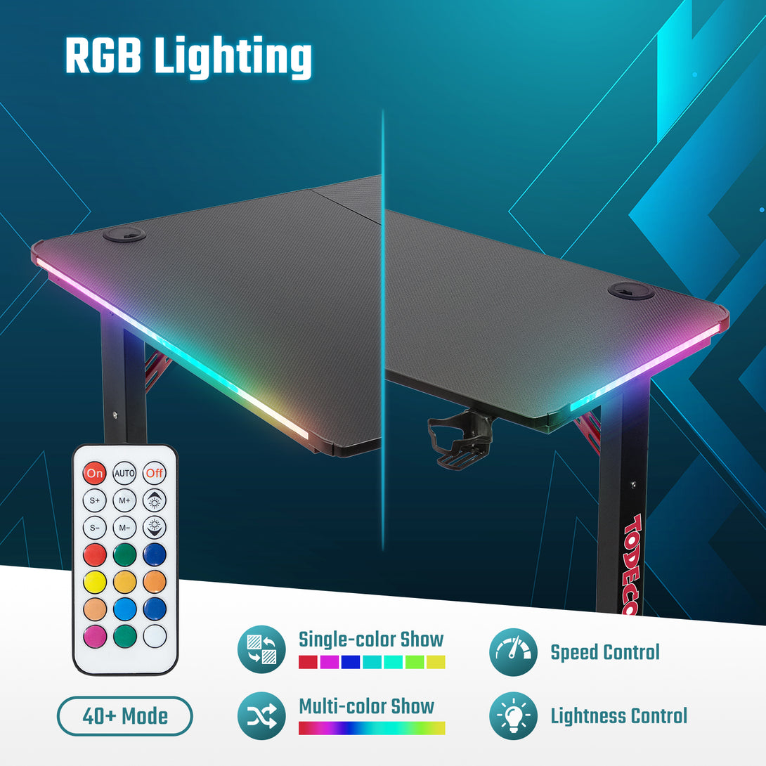 Todeco-Corner-Desk-L-Shaped-Desk-LED-Gaming-Desk-140-x-100cm-Large-Gaming-Desk-with-Carbon-Fiber-Top-with-Cup-Holder-and-Headphone-Hook