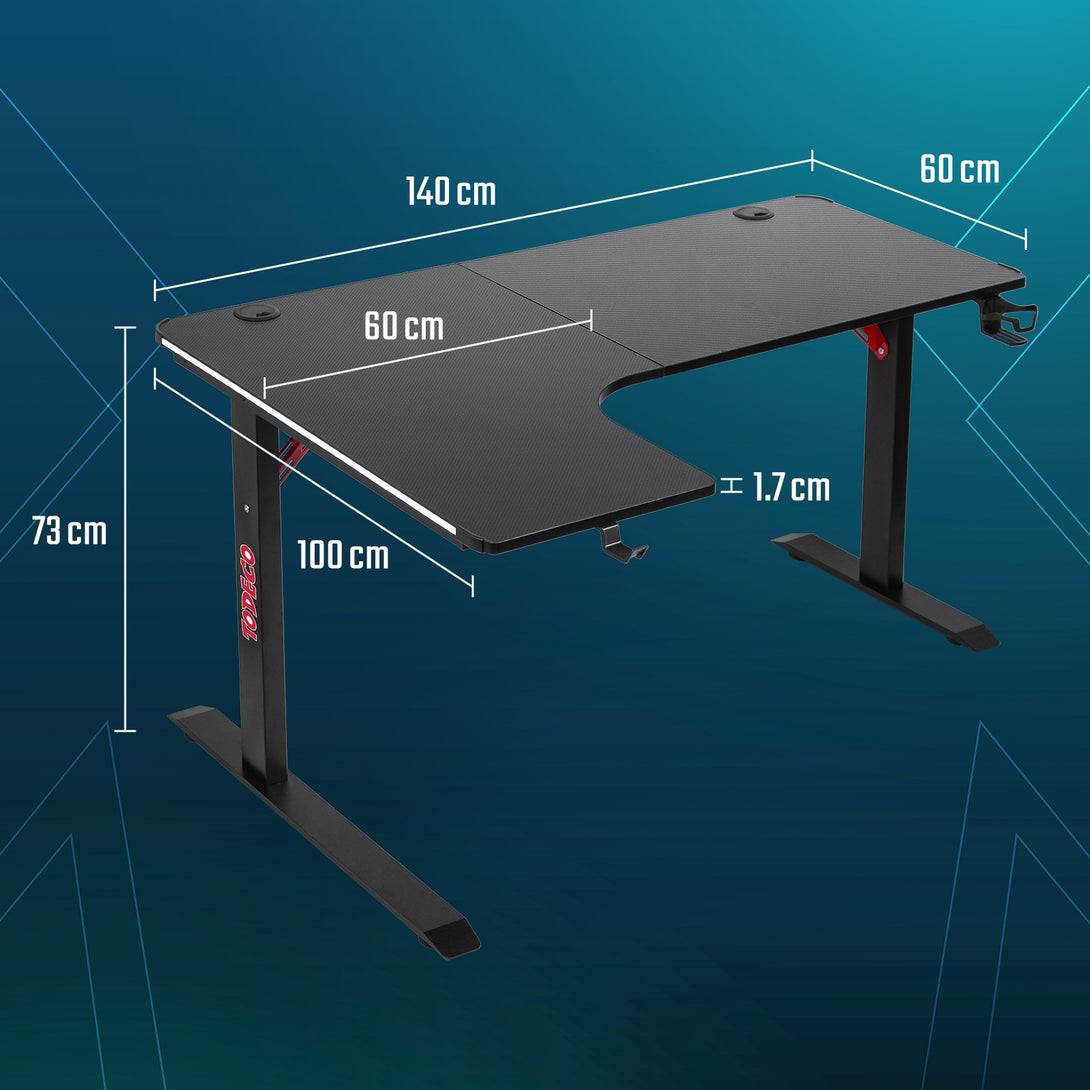 Todeco-Corner-Desk-L-Shaped-Desk-LED-Gaming-Desk-140-x-100cm-Large-Gaming-Desk-with-Carbon-Fiber-Top-with-Cup-Holder-and-Headphone-Hook