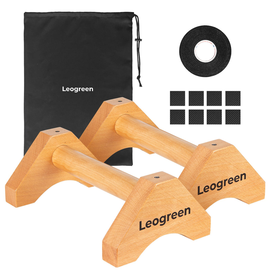 Leogreen Wooden Parallel Bars, Set of 2 Push-Up Handles with Rubber Mat, Non-Slip Strips, and Storage Bag, 30cm Parallettes Handles for Gymnastics, Fitness, Calisthenics