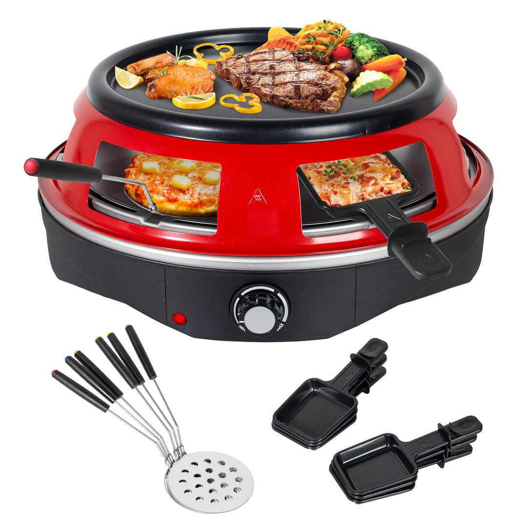 Todeco 3-in-1 Electric Pizza Oven, 1200W, with 6 Mini Pizza Shovels, 6 Cheese Pans, Removable Cooking Plate, for Mini Pizzas of ⌀ 10 cm, Grilling and Crepes, for 6 People