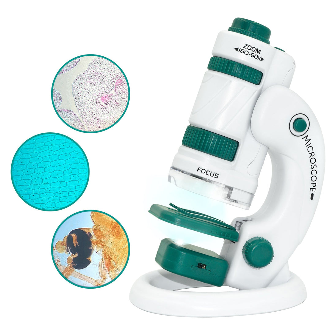 Todeco 60X-180X Microscope for Kids, Microscope Set with LED Zoom, 12 Prepared Microscope Slides, for Kids, Students, Microbiological Observation