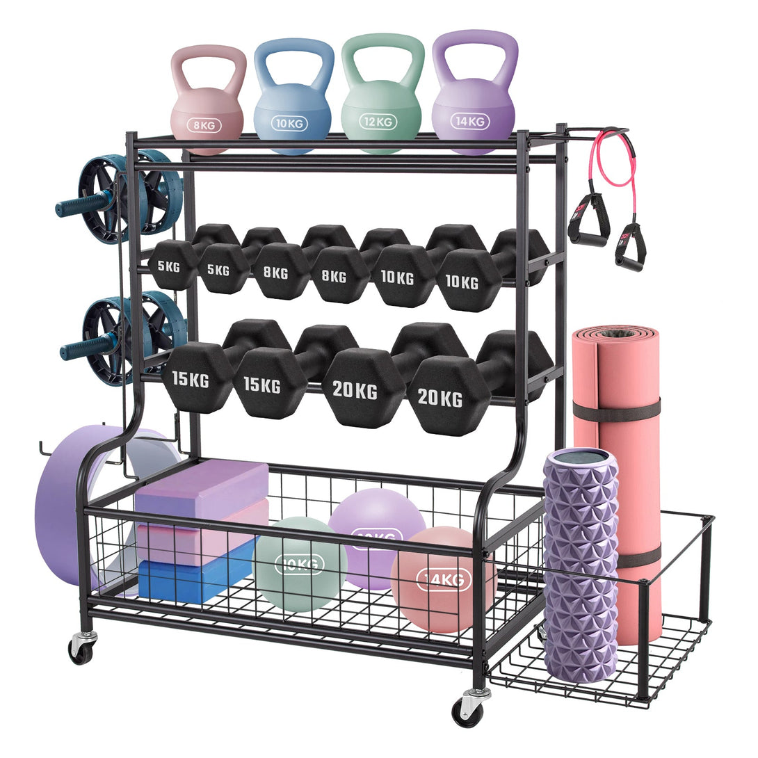 Leogreen Dumbbell Rack, Home Storage Rack for Kettlebell, Yoga Mat, Training Equipment, Yoga Rack with Hooks and Wheels