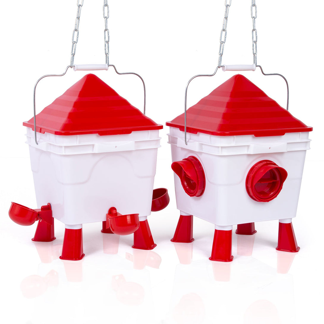 Todeco Chicken Feeder and Waterer Set, 6Kg Chicken Feeder and 8L Automatic Chicken Waterer for Poultry with 4 Ports & 4 Adjustable Leg Cups Steel Chains