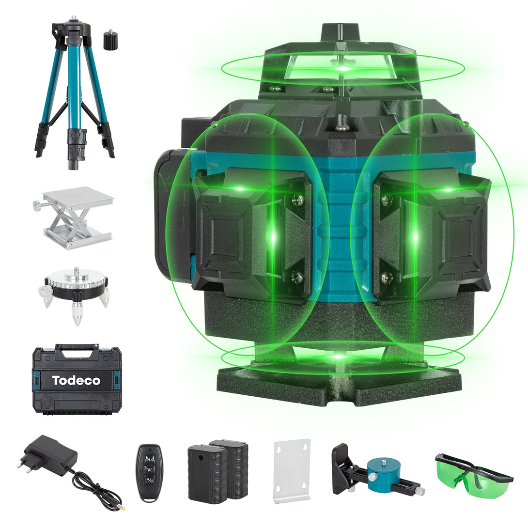 Todeco 4 x 360° 4D 16-Line Self-Leveling Laser Level, Construction Laser with 2 x 3000mAh Batteries & LED Display, Waterproof and Dustproof, Includes Remote Control and Height-Adjustable Tripod