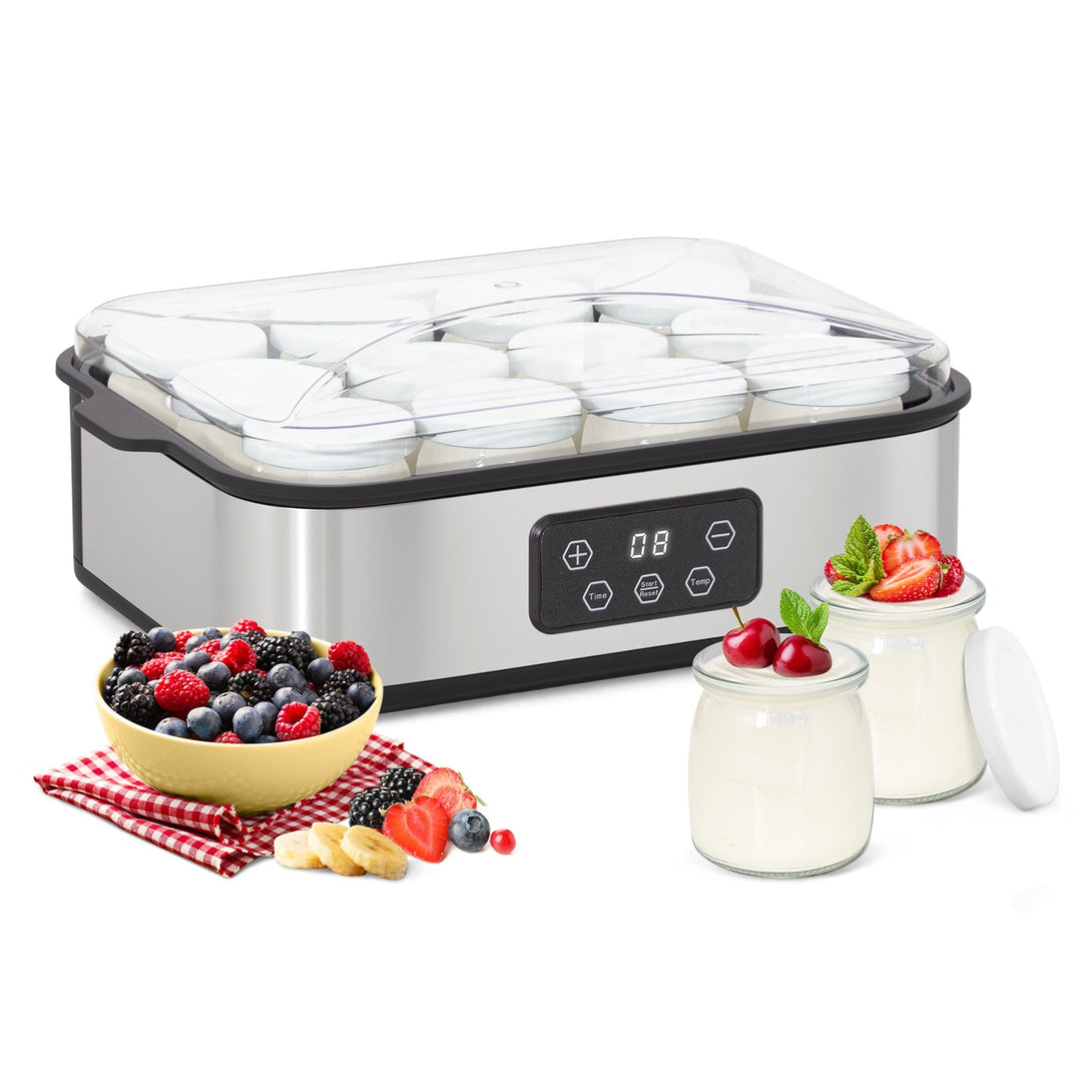 Todeco Electric Yogurt Maker with 12 Glass Jars of 180ml, Stainless Steel Homemade Yogurt Machine, LCD Screen, Adjustable Thermostat and Timer, for Greek and Flavored Yogurt  