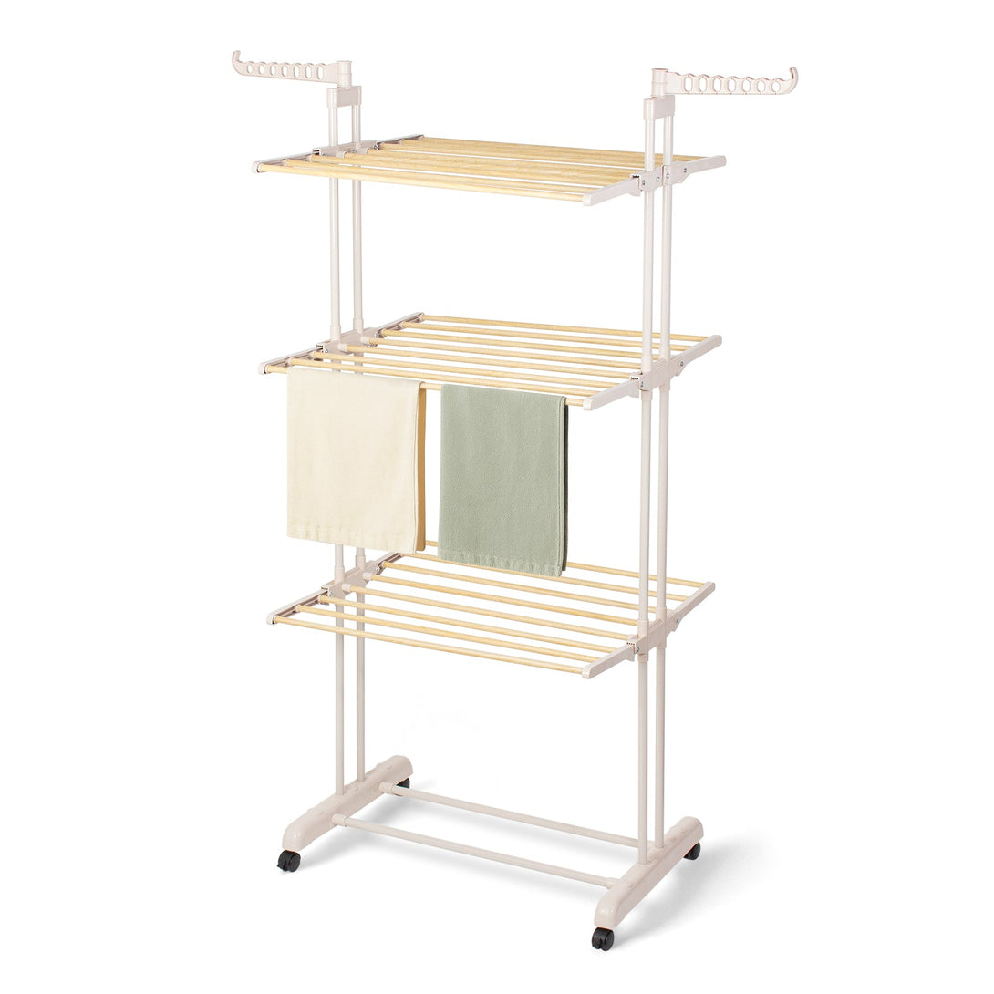 Todeco 3-Tier Indoor Clothes Drying Rack, Wood-Effect Tubes with Swiveling Wings, Ivory Slat Frame, Harmony Collection Foldable Dryer on Wheels, Sleek and Refined Design