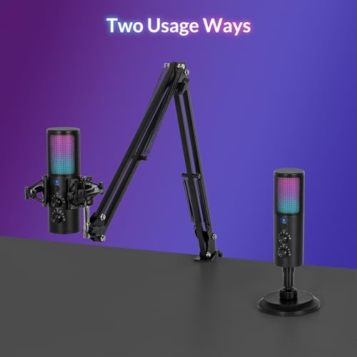 Todeco USB Gaming Microphone Kit, RGB Condenser Microphone with 11 Variable Lights, Microphone Arm, Microphone Stand, Mute Button, Noise Reduction, for Gaming, Streaming, Compatible with PC, Mac, PS4 & 5