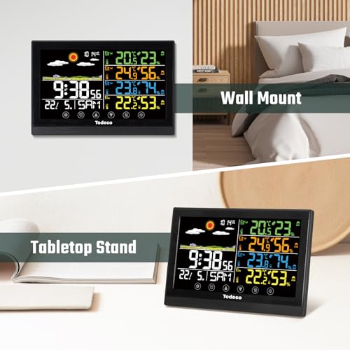 Todeco Wireless Weather Station with 3 Outdoor Sensors - LCD Digital Thermometer - RCC - Humidity Barometer Alarm Clock Weather Forecast and Snooze Display Time Date