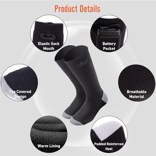 Todeco Heated Socks for Men and Women 5000 mAh Rechargeable Electric Heated Socks with 3 Temperature Levels, for Skiing, Hunting, Hiking