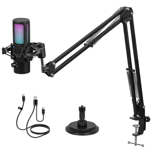 Todeco USB Gaming Microphone Kit, RGB Condenser Microphone with 11 Variable Lights, Microphone Arm, Microphone Stand, Mute Button, Noise Reduction, for Gaming, Streaming, Compatible with PC, Mac, PS4 & 5