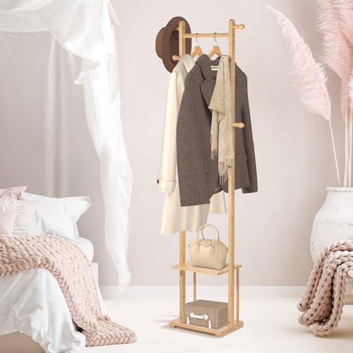 Todeco-Coat-Rack-on-Bamboo-Feet-with-2-Tier-Shelf-6-Hooks-and-Rods-Non-Slip-Mat-Coat-Racks-for-Entrance-Bathroom-House-Bedroom
