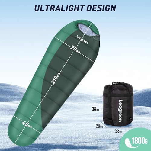Leogreen-Sleeping-Bag-15-5-for-3-4-Seasons-300GSM-1800g-Ultralight-Mummy-Sleeping-Bag-for-Adults-for-Camping-Hiking-and-Mountaineering-210x80x35cm-Green