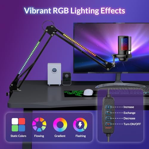 Todeco Microphone Arm with RGB Light, Adjustable Microphone Suspension Stand with Desk Mount, Remote Control, 3/8" Adapter, for Gaming/Studio/Youtuber/Podcasting