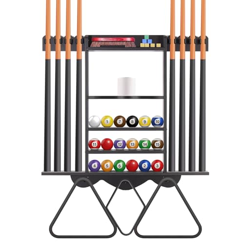Leogreen Wall-Mounted Billiard Cue Rack for 8 Pool Cues, 18 Billiard Balls, 3 Ball Holders, Pine Wood Billiard Stand with Storage Rack for Clubs, Billiard Rooms, Bar