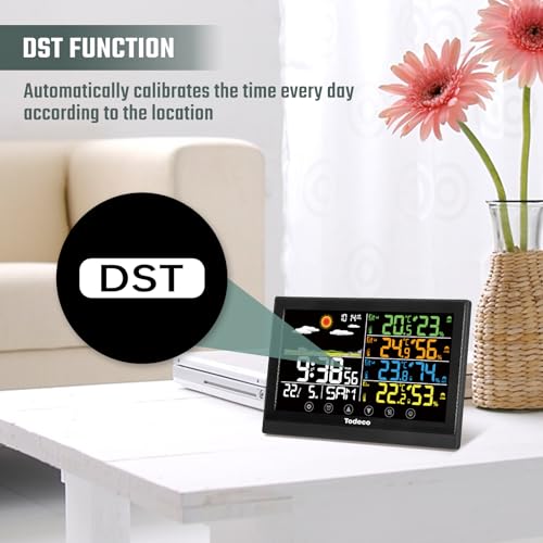 Todeco Wireless Weather Station with 3 Outdoor Sensors - LCD Digital Thermometer - RCC - Humidity Barometer Alarm Clock Weather Forecast and Snooze Display Time Date
