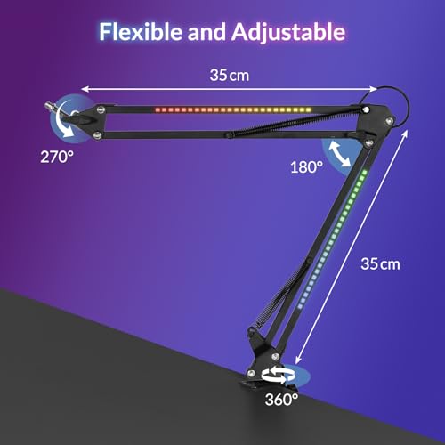 Todeco Microphone Arm with RGB Light, Adjustable Microphone Suspension Stand with Desk Mount, Remote Control, 3/8" Adapter, for Gaming/Studio/Youtuber/Podcasting