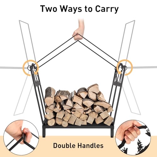 Todeco Folding Log Holder with Two Handles, Elk Pattern, Load 50 kg, 40x38x32 cm, Firewood Holder for Fireplace, Indoor and Outdoor